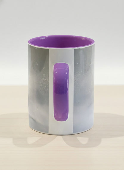 Hero mug | Waiting for Spring side view mug, a tiny kitten in a burgundy scarf sitting in a soft misty meadow, dusty rose interior and handle, by Karina Mosser - Gallery By Inhesion