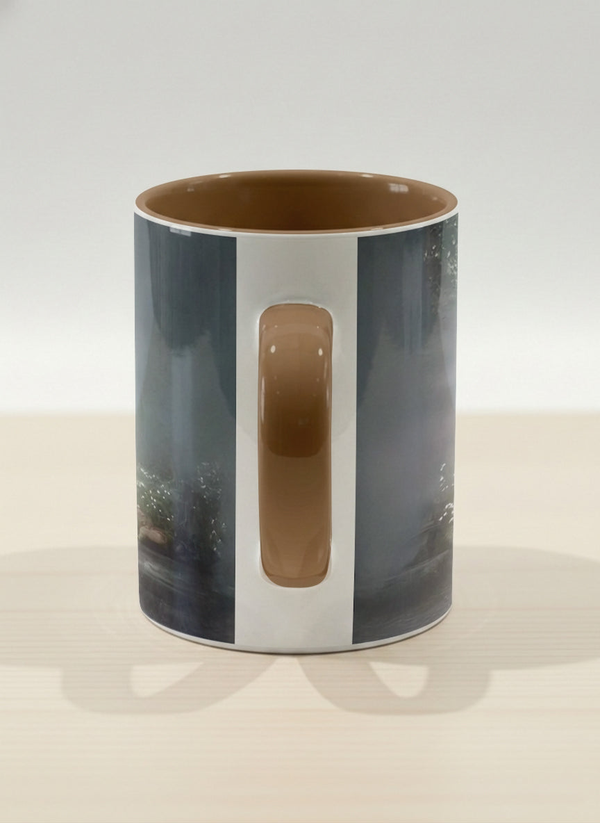 Hero mug | Serenity Stream side view mug, an enchanted forest with glowing light filtering through misty teal trees and wildflowers by a stream, warm olive interior and handle, by Karina Mosser - Gallery By Inhesion