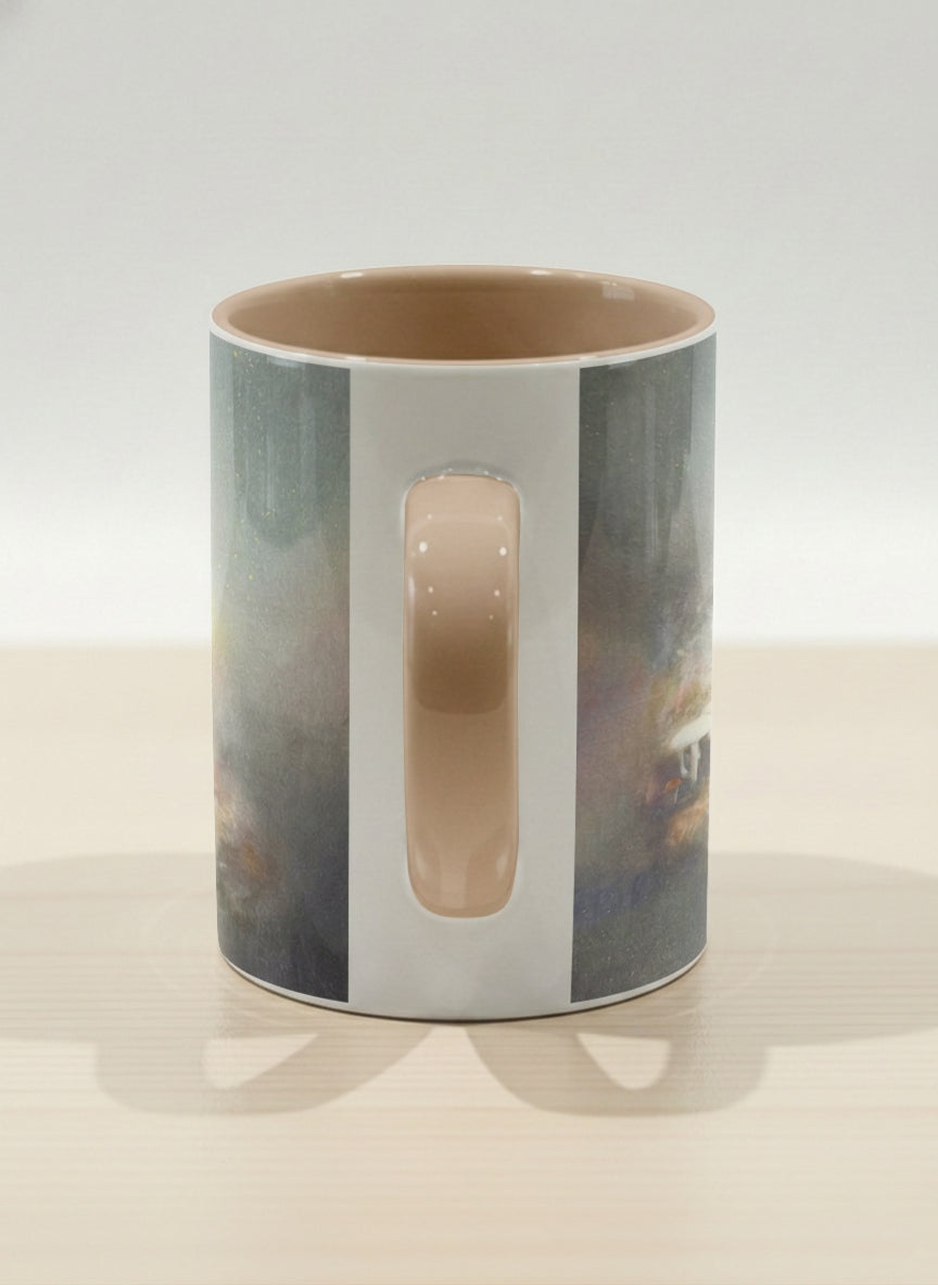 Hero mug | Lullaby left view mug, sleeping fox curled in a soft misty meadow, warm terracotta interior and handle, by Karina Mosser - Gallery By Inhesion