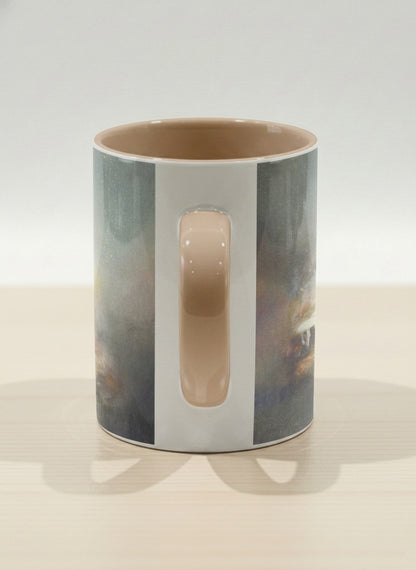 Hero mug | Lullaby left view mug, sleeping fox curled in a soft misty meadow, warm terracotta interior and handle, by Karina Mosser - Gallery By Inhesion
