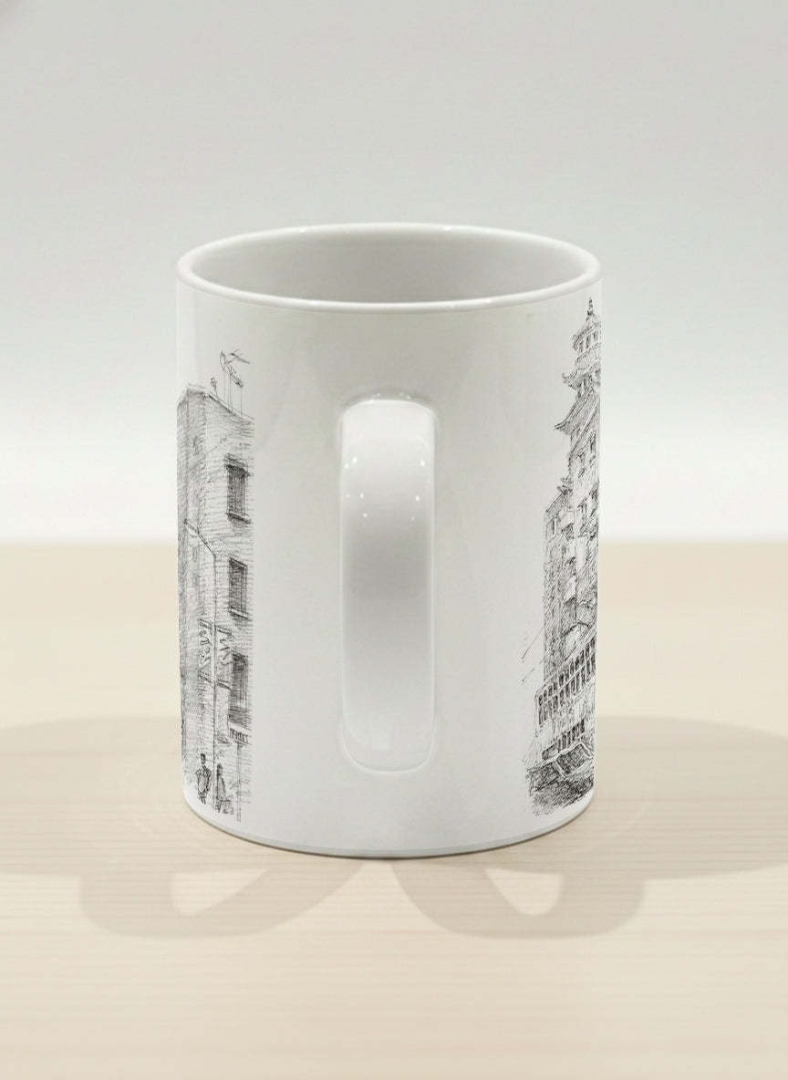 Hero Mug | Tramway Through Time side view mug showing a sketch of streets and tram in Hong Kong by Samuel Kwok - Gallery By Inhesion