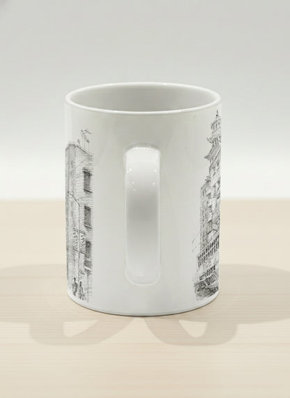 Hero Mug | Tramway Through Time side view mug showing a sketch of streets and tram in Hong Kong by Samuel Kwok - Gallery By Inhesion