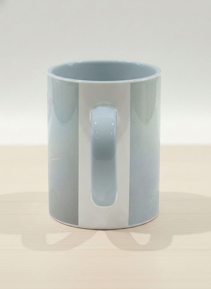 hero mug | Glass Petals side view mug, a delicate translucent poppy bloom emerging from a soft misty blue-grey wash, matching powder blue interior and handle, by Karina Mosser - Gallery By Inhesion