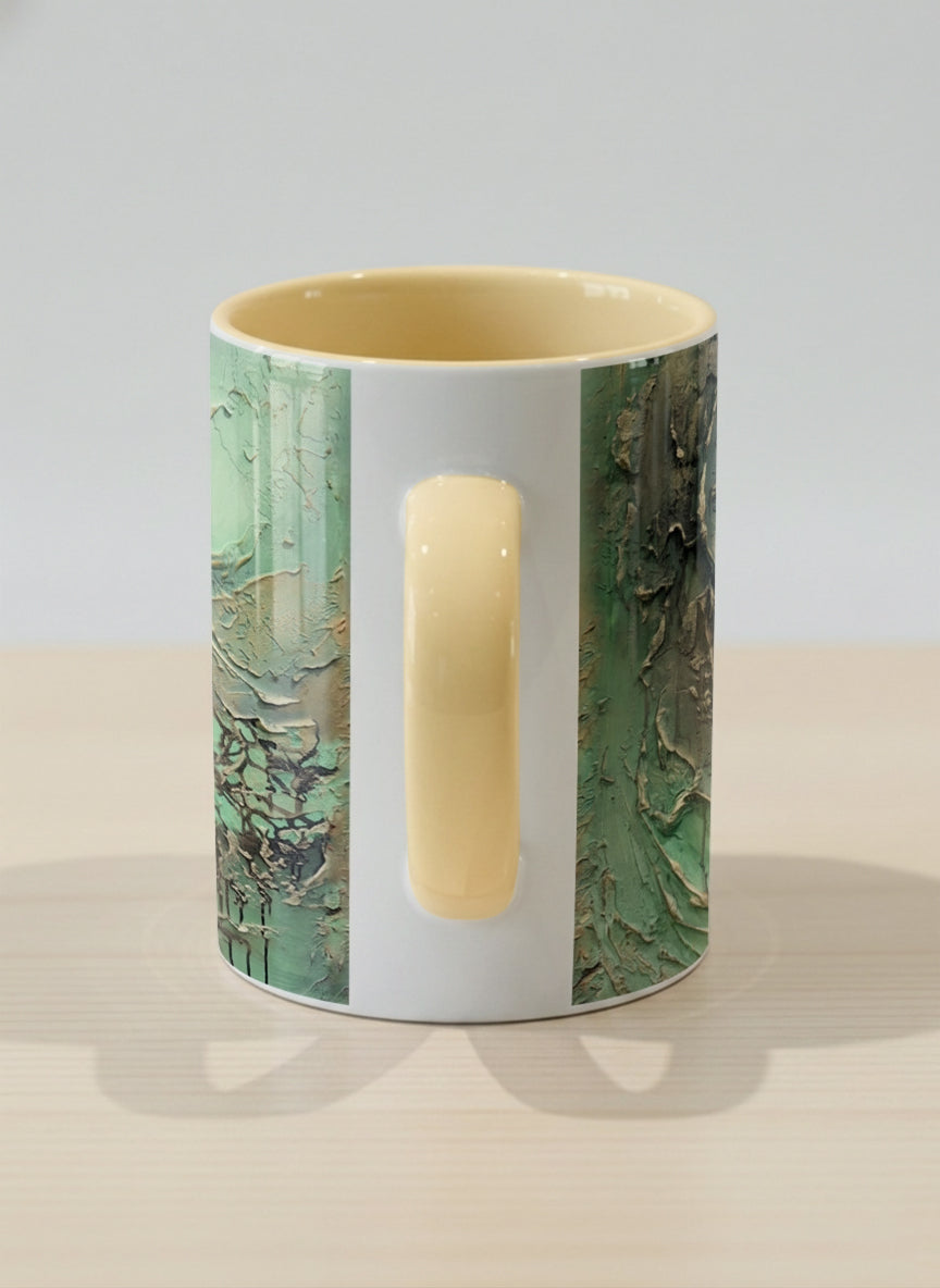 hero Mug | Emerald Magic side view mug showing abstract marbled pattern in green, gold, and earthy tones by Mersedes Mein - Gallery By Inhesion