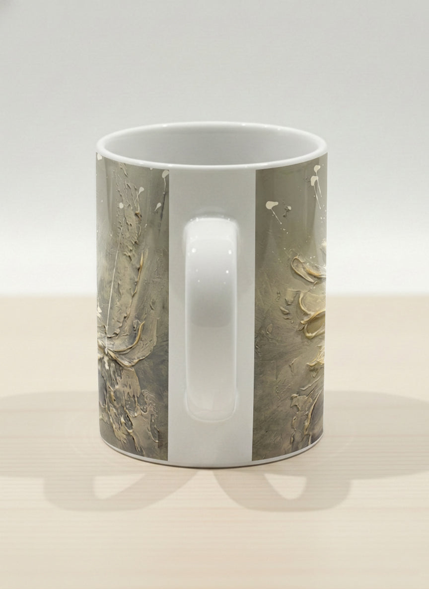 Hero Mug | Awakening side view mug showing textured floral design in muted grey-gold tones by Mersedes Mein - Gallery By Inhesion