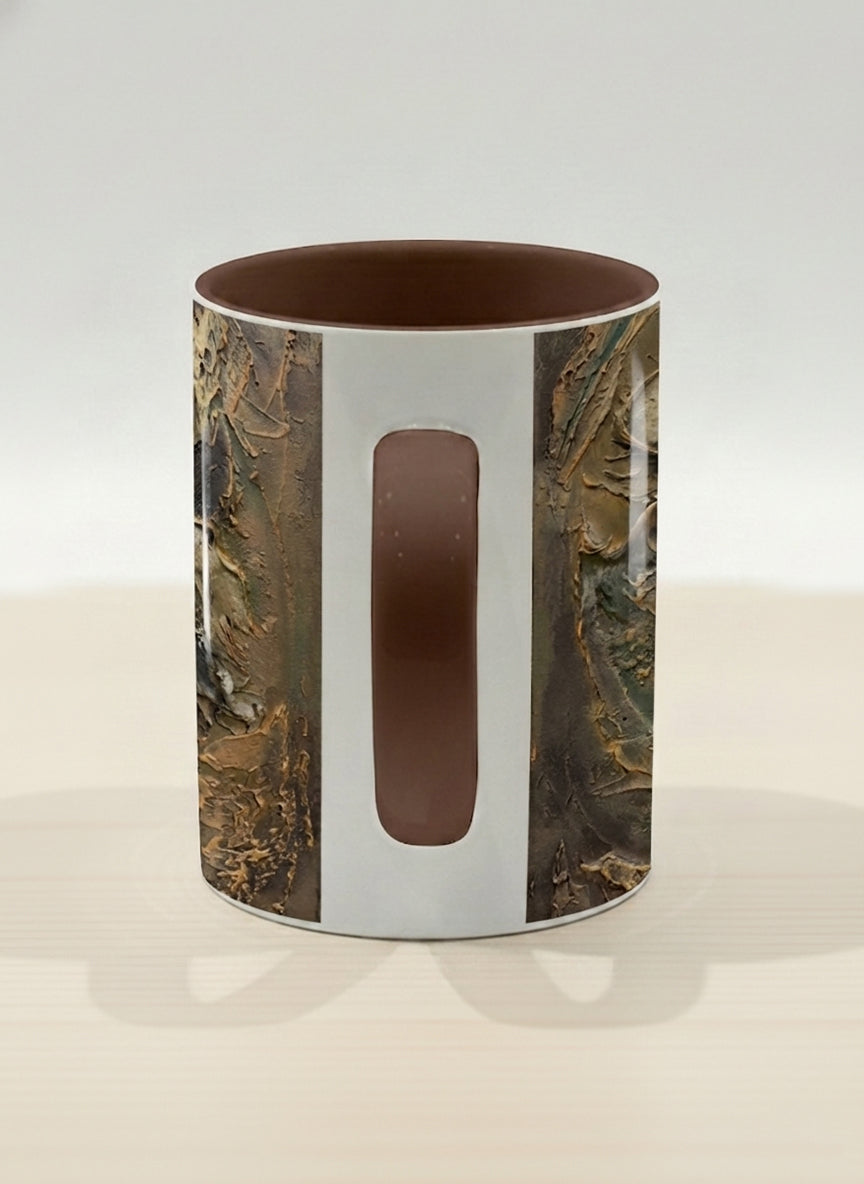 Hero Mug | Memories of The Soul side view mug featuring abstract earth tones and natural patterns by Mersedes Mein - Gallery By Inhesion