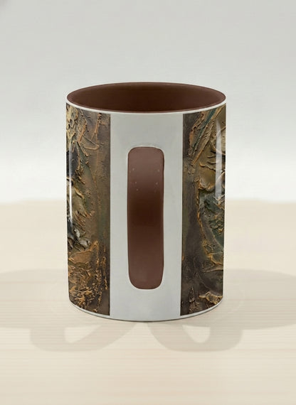 Hero Mug | Memories of The Soul side view mug featuring abstract earth tones and natural patterns by Mersedes Mein - Gallery By Inhesion