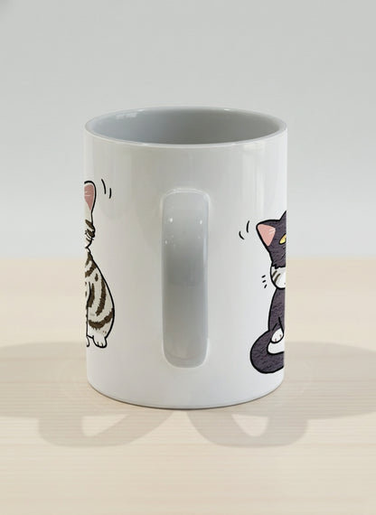 hero Mug | Best Buddies side view mug small tuxedo cat leaning into a chubby tabby with tiny floating hearts, sage interior, by Hyun Jung Cho