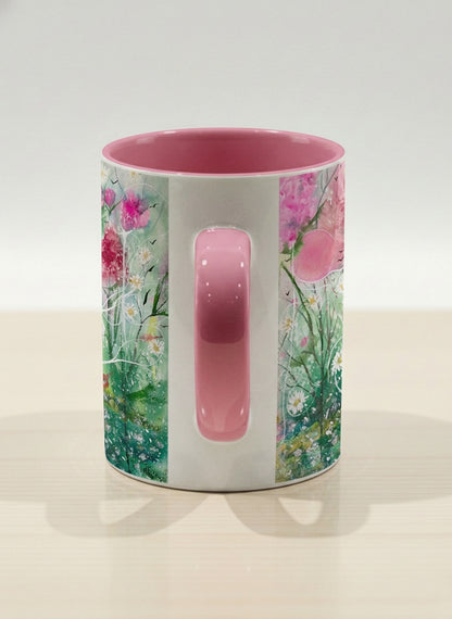 Hero Mug | Nature’s waking up side view mug shows a floral design with colorful blossoms and lush greenery by Renee Pupetz - Gallery By Inhesion