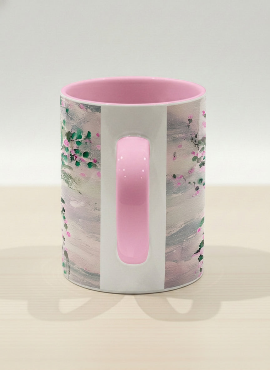 Hero Mug | Pink Roses in a Jar side view mug showing painted pink roses and greenery on a light background design by Renee Pupetz - Gallery By Inhesion