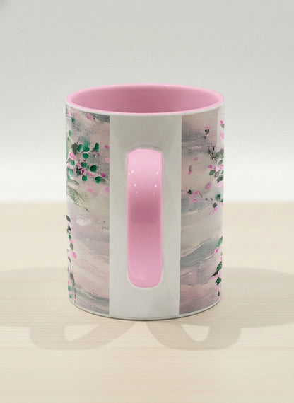 Hero Mug | Pink Roses in a Jar side view mug showing painted pink roses and greenery on a light background design by Renee Pupetz - Gallery By Inhesion