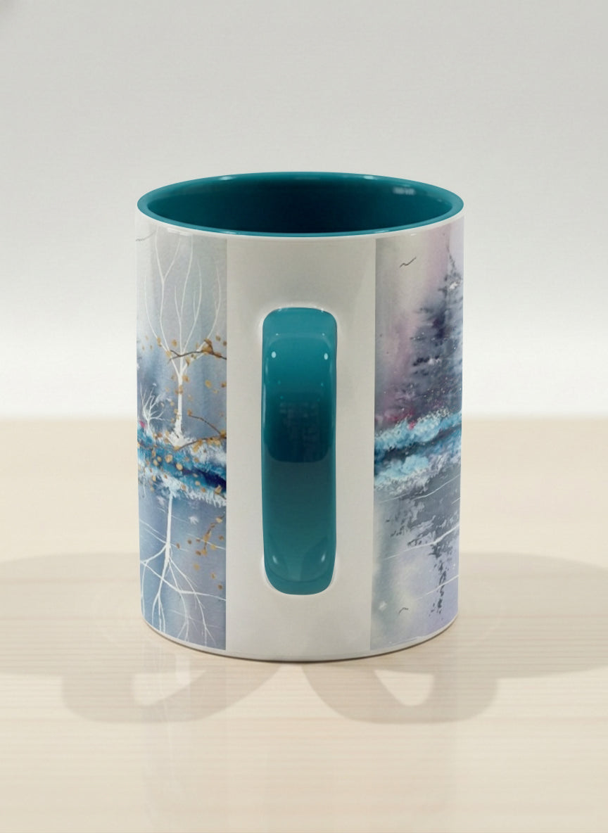 Hero Mug | Winter Reflections on a Frosted Slope side view mug showing a serene landscape with trees, water, and a moon design by Renee Pupetz - Gallery By Inhesion