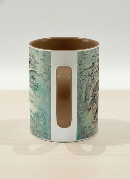 Hero Mug | Green textured side view mug with earthy, weathered pattern and brown handle on a light surface by Mersedes Mein - Gallery By Inhesion