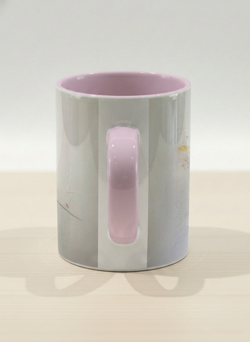 Hero mug | lossom Visitor side view mug, a delicate pink cardinal perched on a wispy blossom branch against a soft ivory mist, blush pink interior and handle, by Karina Mosser - Gallery By Inhesion