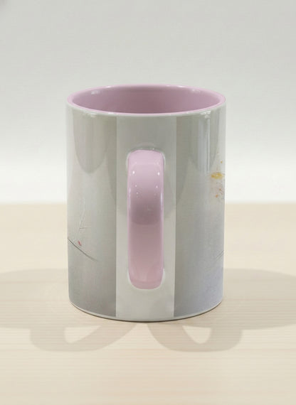 Hero mug | lossom Visitor side view mug, a delicate pink cardinal perched on a wispy blossom branch against a soft ivory mist, blush pink interior and handle, by Karina Mosser - Gallery By Inhesion