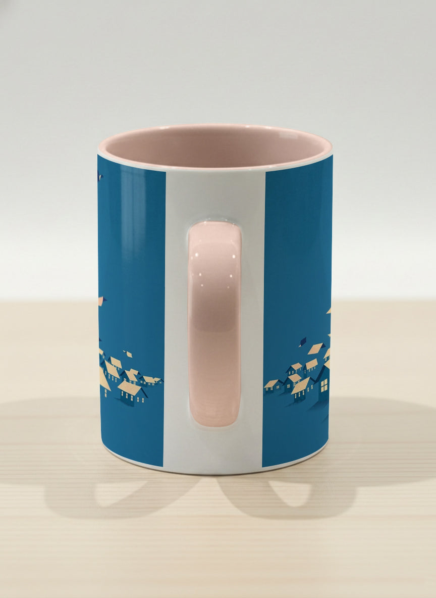 Hero Mug | House of Wings side view mug with whimsical house roof flying over a night cityscape by Tang Yau Hoong - Gallery By Inhesion