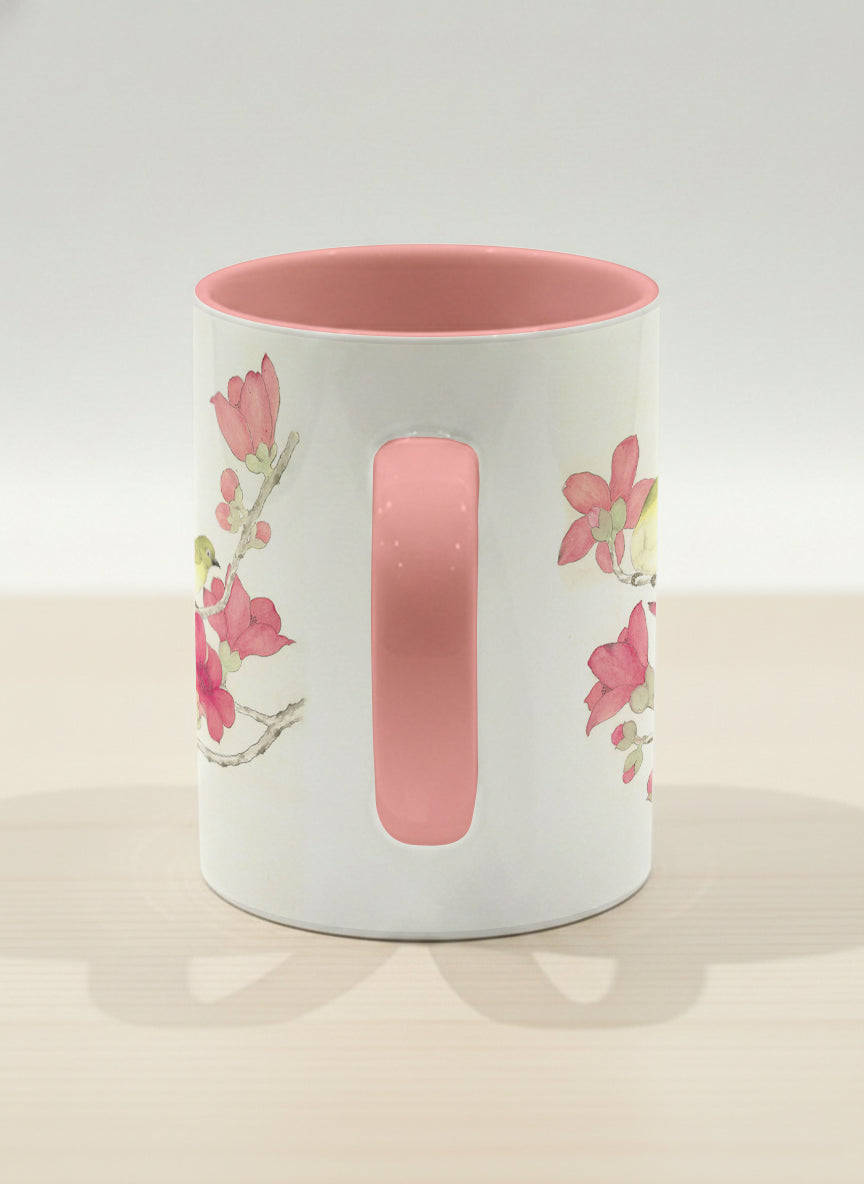 Hero Mug | Forever Love side view mug with watercolor birds on branch with pink flowers by Alice Wong - Gallery By Inhesion