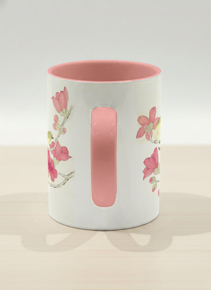 Hero Mug | Forever Love side view mug with watercolor birds on branch with pink flowers by Alice Wong - Gallery By Inhesion