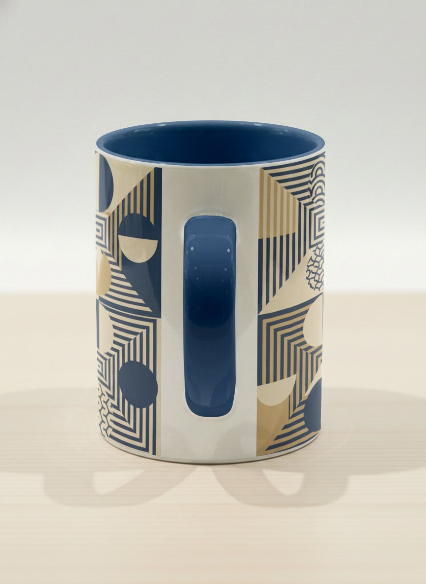Hero Mug | Fractured Horizon Drift side view mug, navy and gold geometric pattern, dark interior and handle, by Alan CL Lee - Gallery By Inhesion