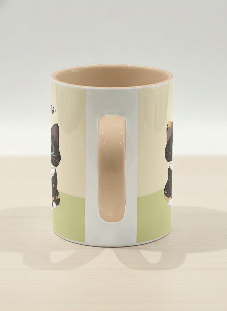Hero mug | Our Precious Pair side view mug, two adorable tuxedo cats side by side with Korean name tags and tiny red hearts, soft cream interior and handle, by Hyun Jung Cho - Gallery By Inhesion