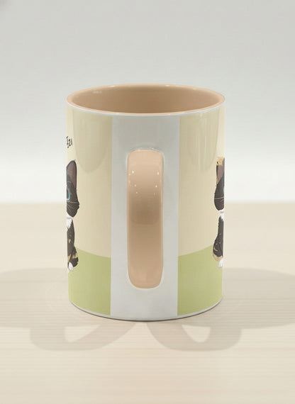 Hero mug | Our Precious Pair side view mug, two adorable tuxedo cats side by side with Korean name tags and tiny red hearts, soft cream interior and handle, by Hyun Jung Cho - Gallery By Inhesion