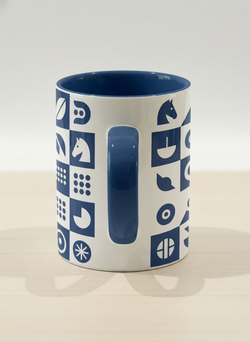 Hero Mug | Multiversal Sigils side view mug, navy and white checkerboard pattern with icons, blue interior and handle, by Alan CL Lee - Gallery By Inhesion