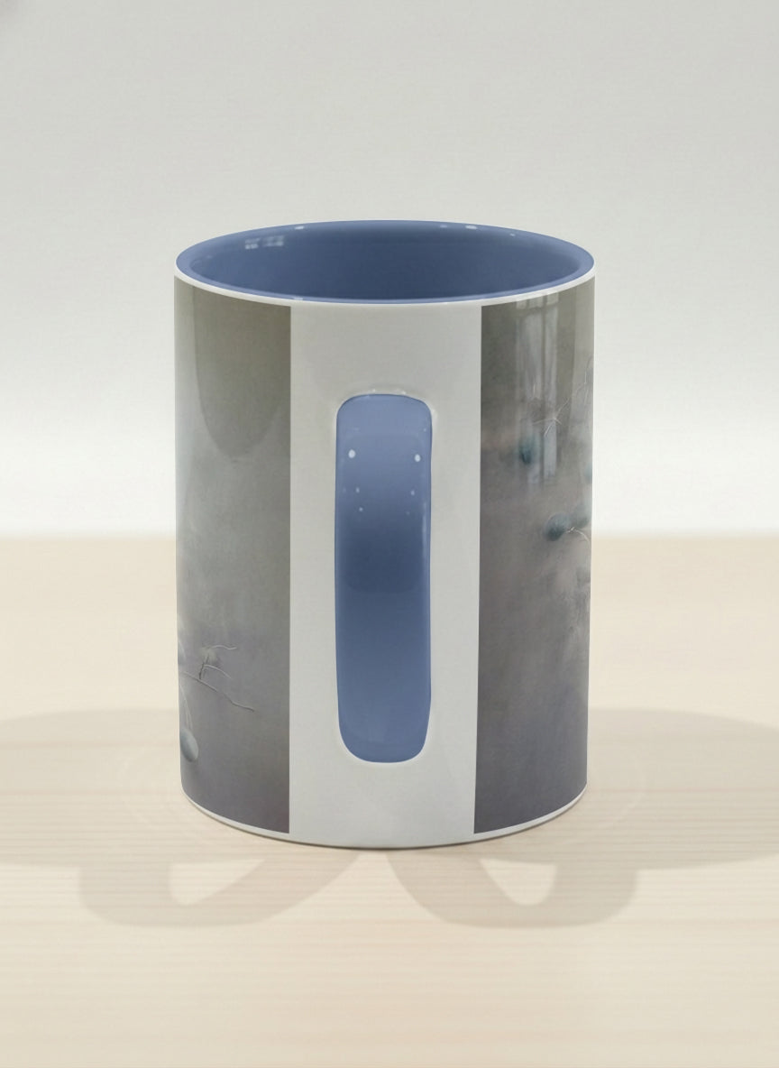hero mug | A Quiet Moment side view mug, solitary bird perched in a soft misty landscape with delicate dot details, dusty blue interior and handle, by Karina Mosser - Gallery By Inhesion