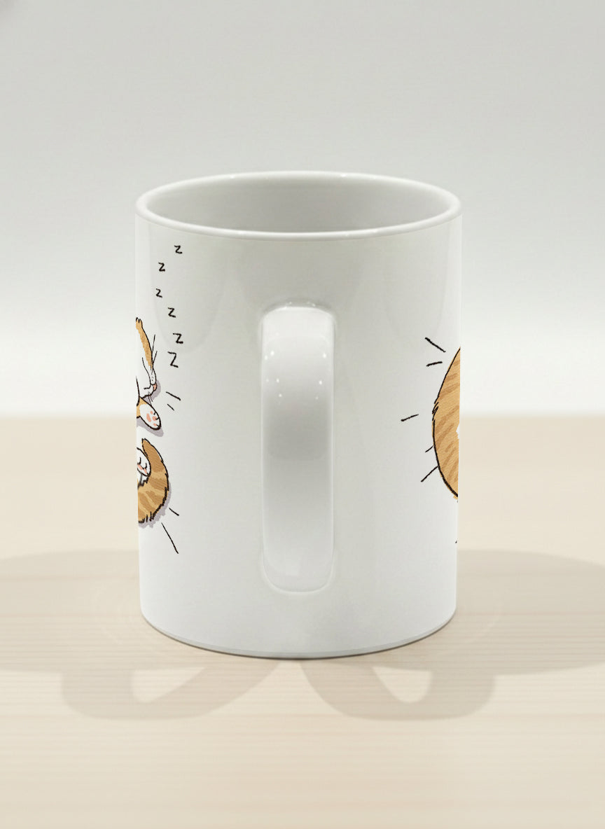 hero Mug | Sweet Dreams side view mug, a ginger tabby cat curled into a perfect circle fast asleep with tiny zzz's floating above, clean white interior and handle, by Hyun Jung Cho - Gallery By Inhesion