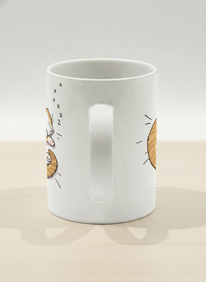 hero Mug | Sweet Dreams side view mug, a ginger tabby cat curled into a perfect circle fast asleep with tiny zzz's floating above, clean white interior and handle, by Hyun Jung Cho - Gallery By Inhesion