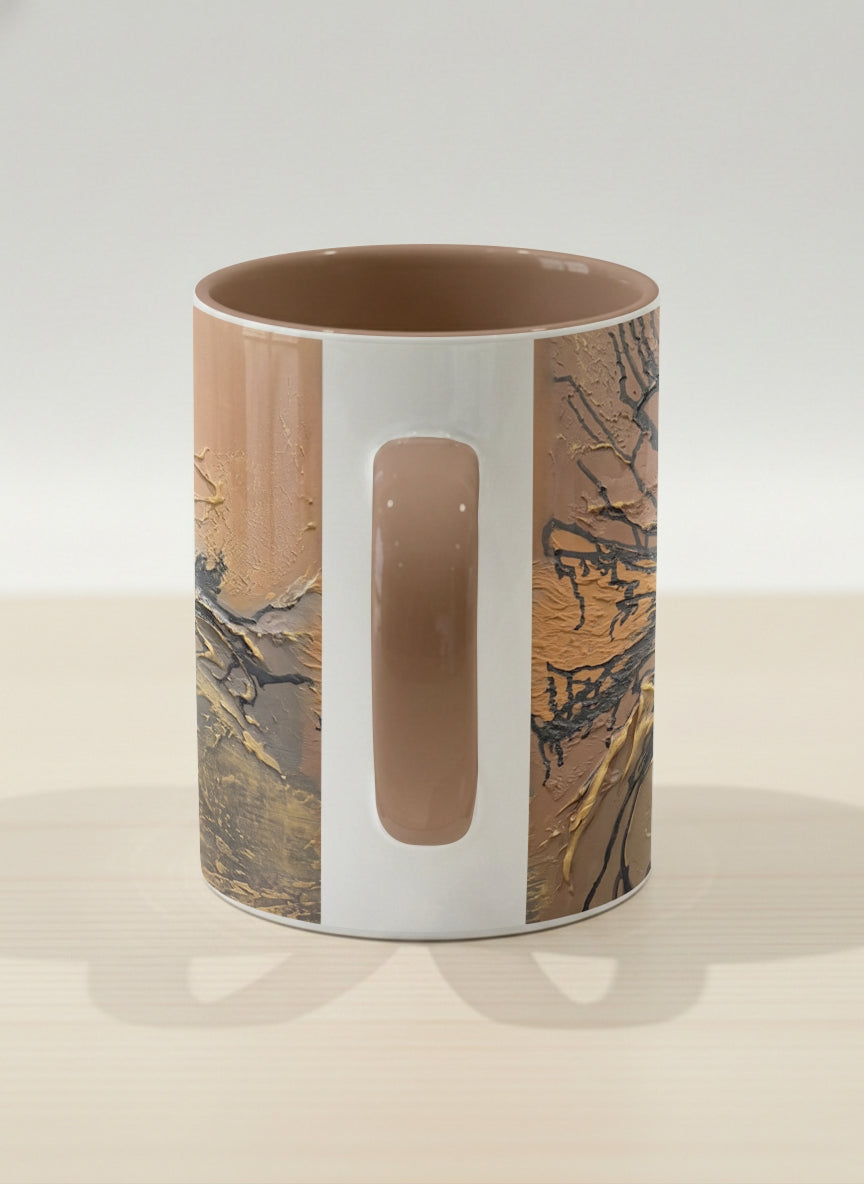 Hero Mug | Flowing Essence side view mug showing abstract marbled pattern in brown, black, and gold tones by Mersedes Mein - Gallery By Inhesion