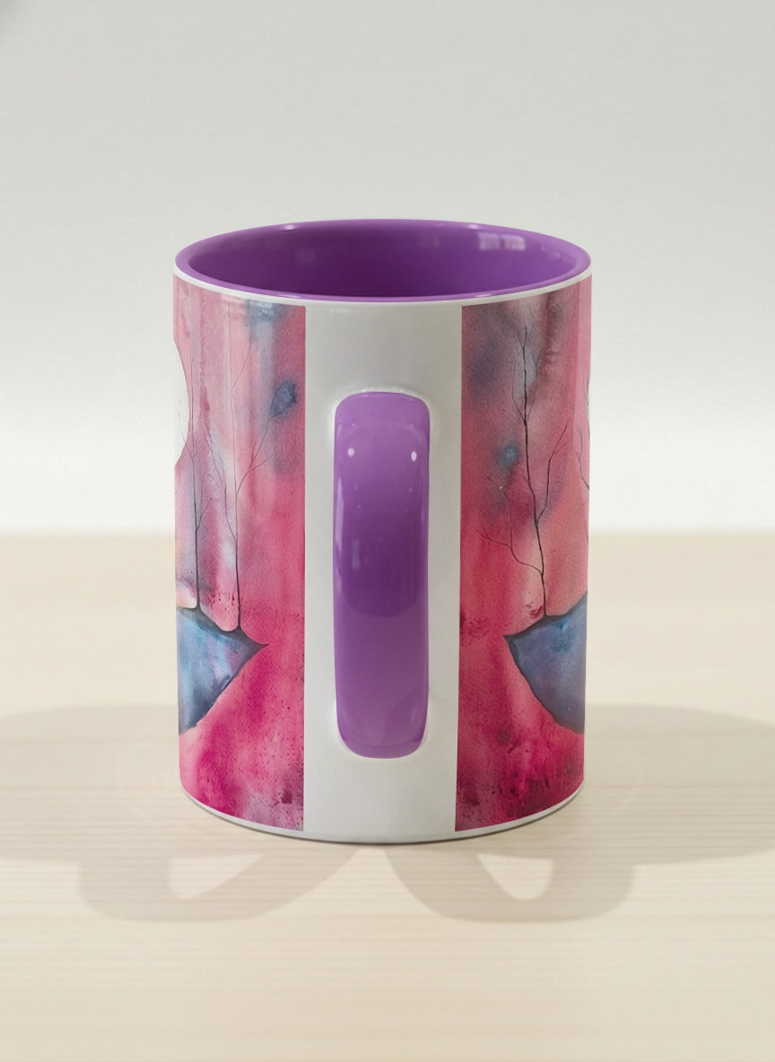 Hero mug | Sail the Moon side view mug with watercolor night scene, boat silhouette, trees and full moon, purple handle and interior by Renee Pupetz - Gallery By Inhesion