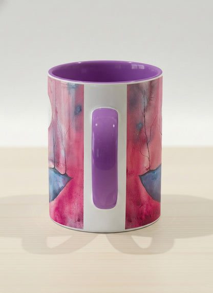 Hero mug | Sail the Moon side view mug with watercolor night scene, boat silhouette, trees and full moon, purple handle and interior by Renee Pupetz - Gallery By Inhesion