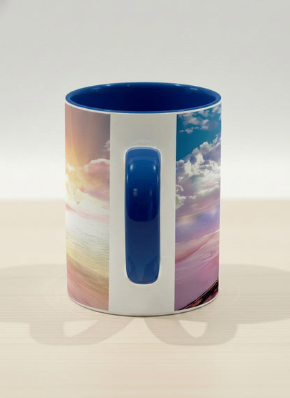 Hero Mug | The Shore of Summer Longing side view mug showing a scenic beach illustration with a girl and a sunset by Samuel Kwok - Gallery By Inhesion