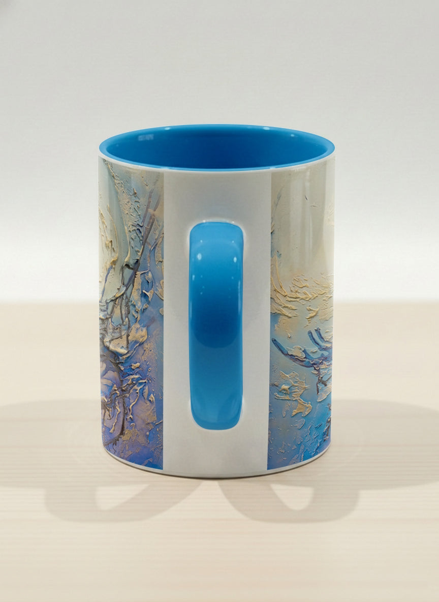 Hero Mug | Touches of depth side view mug showing abstract pattern in blue, white, and gold by Mersedes Mein - Gallery By Inhesion