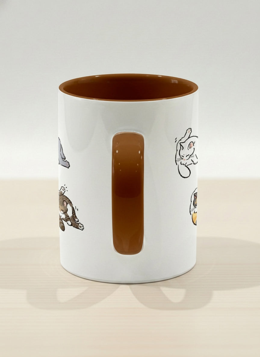 hero Mug | The Grooming Club side view mug eight cats mid-stretch and self-groom in playful rows, soft grey interior and handle, by Hyun Jung Cho
