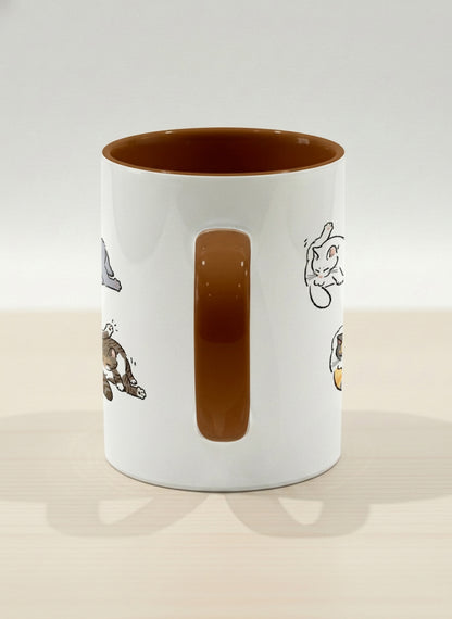 hero Mug | The Grooming Club side view mug eight cats mid-stretch and self-groom in playful rows, soft grey interior and handle, by Hyun Jung Cho