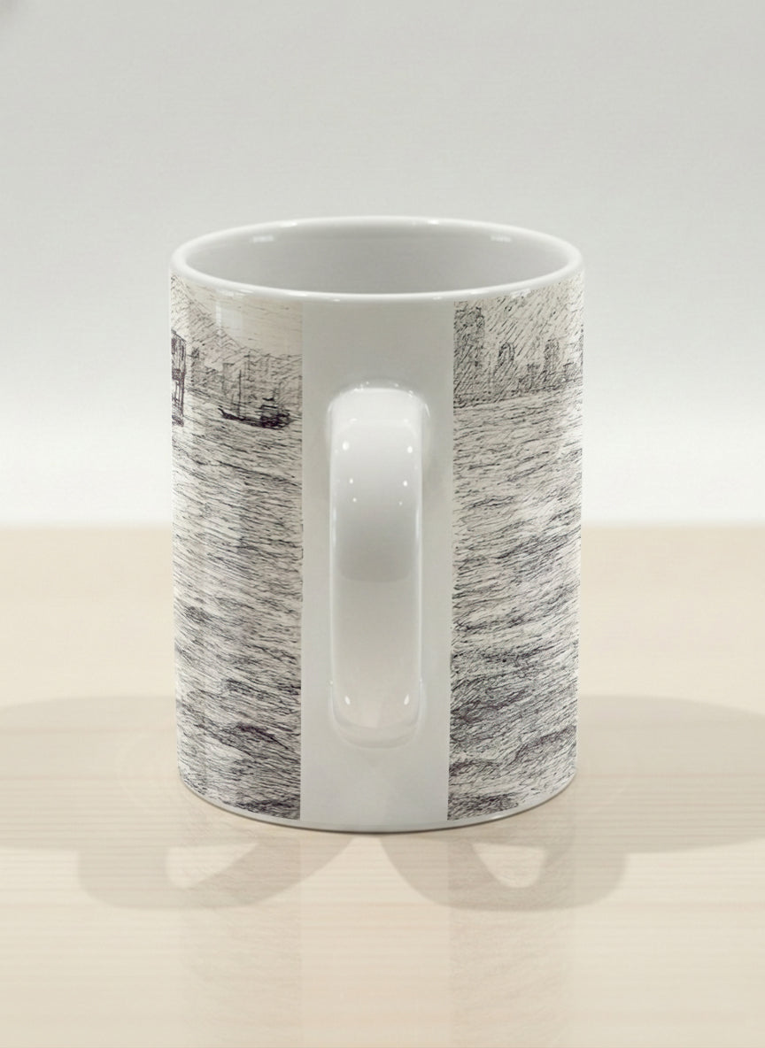 Hero Mug | Shimmering Passage side view mug showing a pen drawing Star Ferry in Hong Kong by Samuel Kwok - Gallery By Inhesion