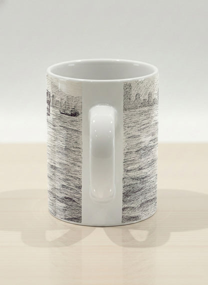 Hero Mug | Shimmering Passage side view mug showing a pen drawing Star Ferry in Hong Kong by Samuel Kwok - Gallery By Inhesion