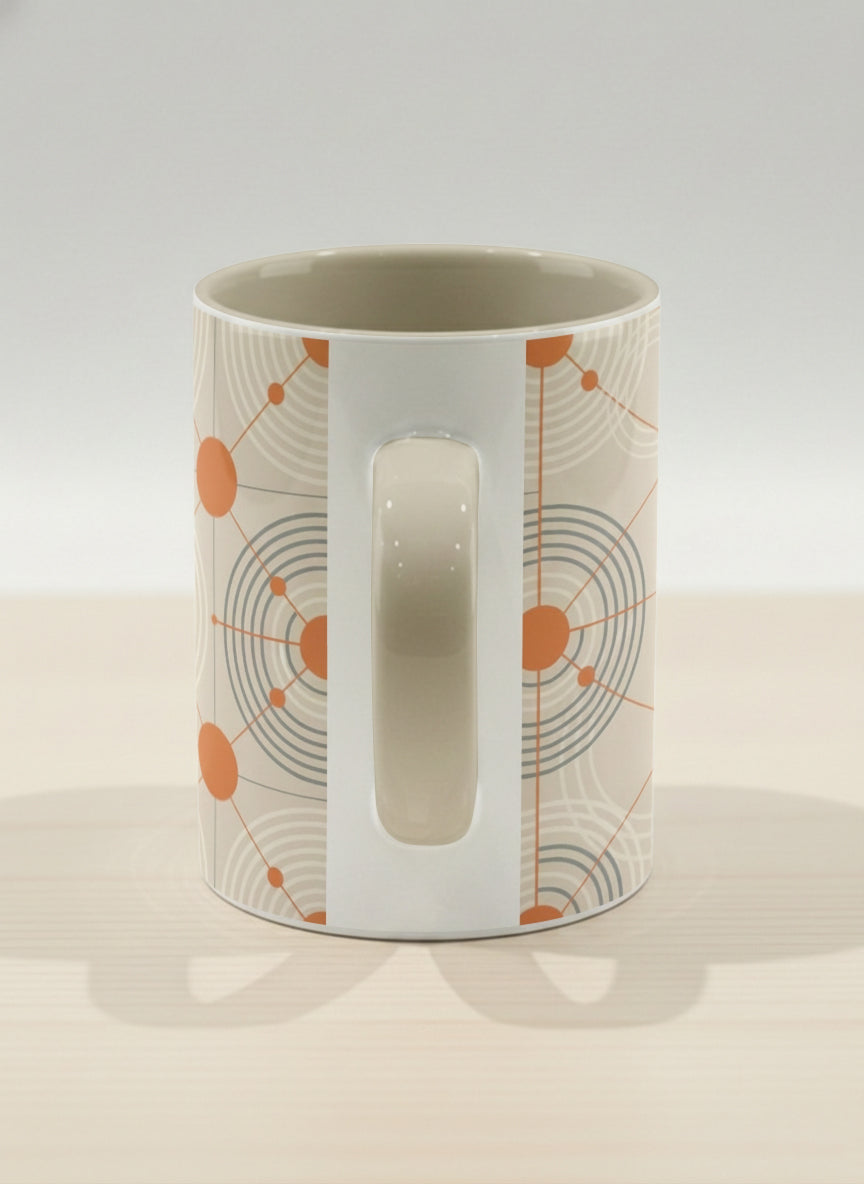 Hero Mug | Entangled Terracotta Web side view mug, orange geometric circle pattern, cream finish, by Alan CL Lee - Gallery By Inhesion