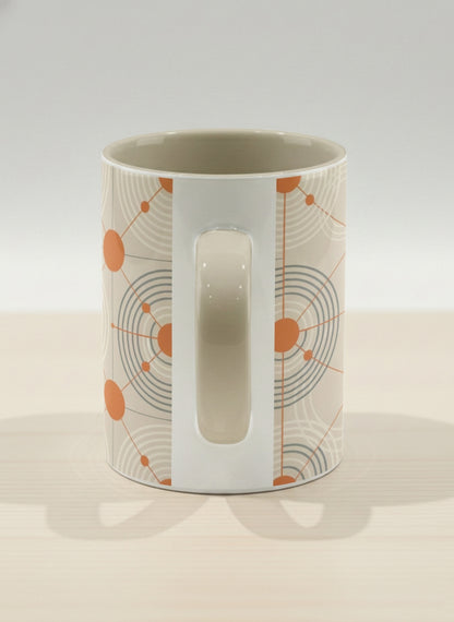 Hero Mug | Entangled Terracotta Web side view mug, orange geometric circle pattern, cream finish, by Alan CL Lee - Gallery By Inhesion