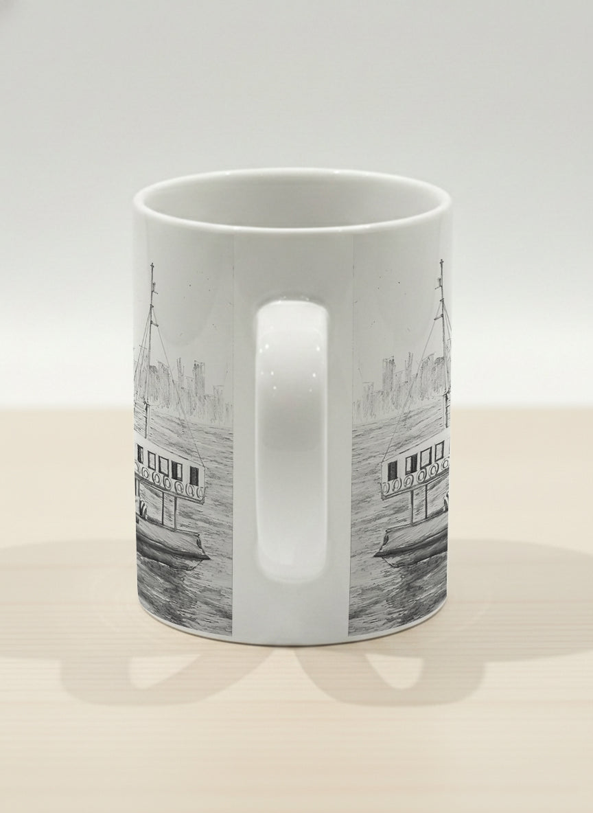 Hero Mug | The Star of the Harbor side view mug showing a sketch of Star Ferry Pier in Hong Kong by Samuel Kwok - Gallery By Inhesion