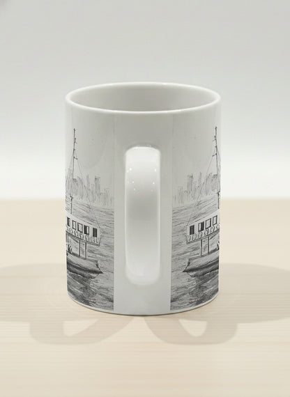 Hero Mug | The Star of the Harbor side view mug showing a sketch of Star Ferry Pier in Hong Kong by Samuel Kwok - Gallery By Inhesion