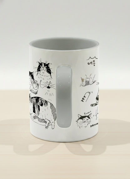 Hero mug | Moments of Curiosity side view mug  ink-sketched cats in playful poses with Korean script on white, grey interior, by Hyun Jung Cho