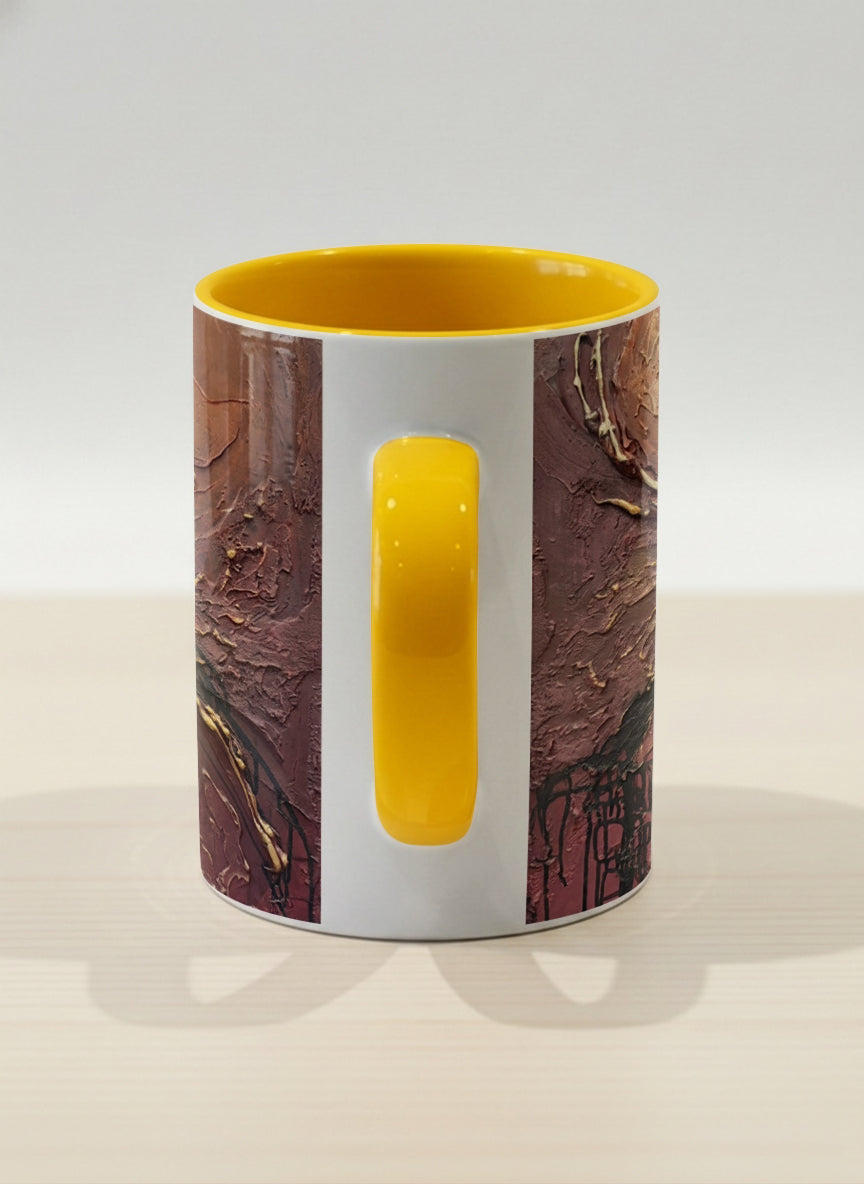 Hero Mug | Fiery Arabesque side view mug showing abstract marbled pattern in earthy brown, red, and gold tones by Mersedes Mein - Gallery By Inhesion