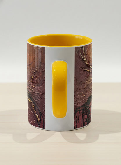 Hero Mug | Fiery Arabesque side view mug showing abstract marbled pattern in earthy brown, red, and gold tones by Mersedes Mein - Gallery By Inhesion