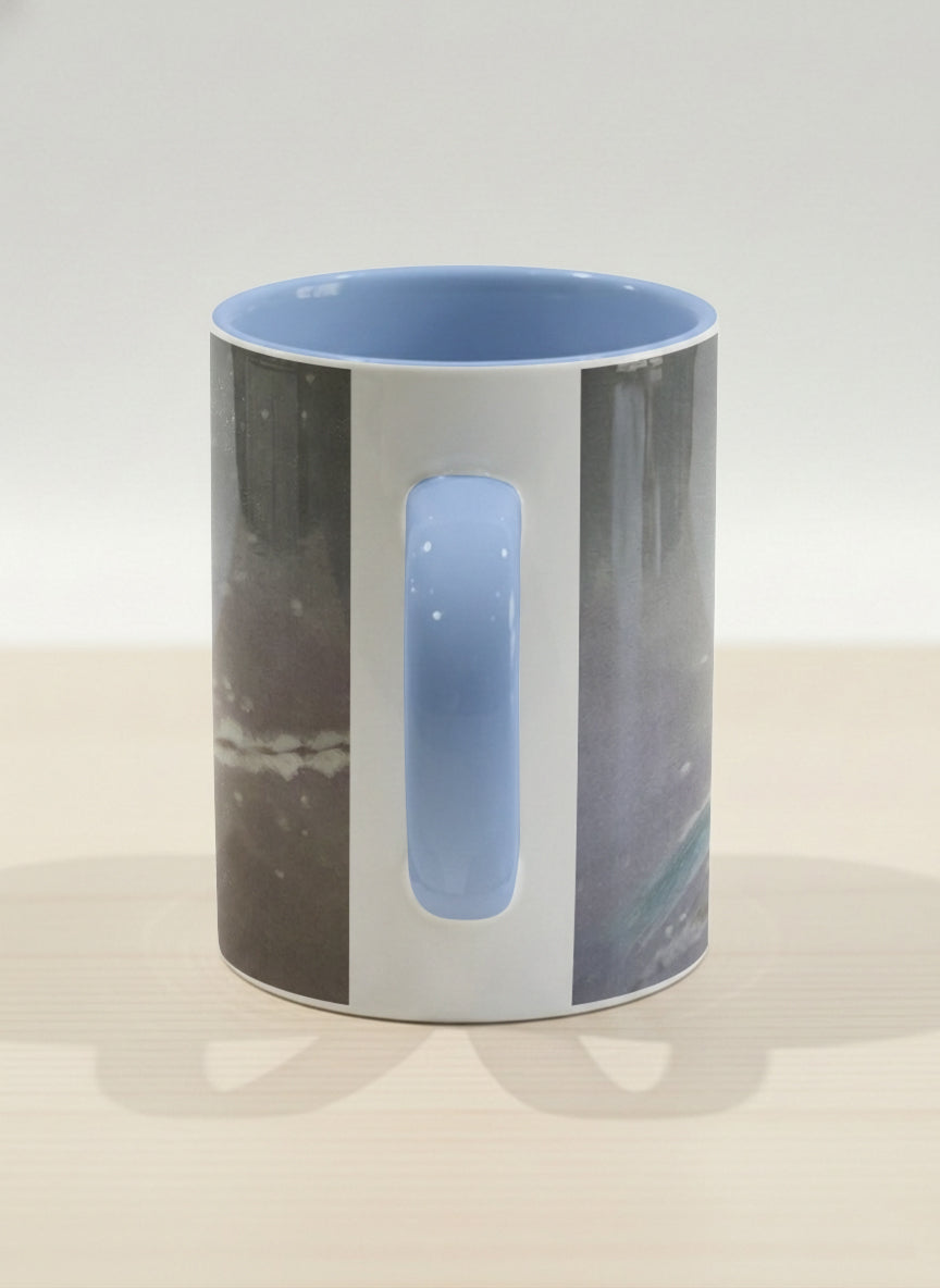 hero mug | A Moment in the Snow side view mug, a fluffy white bird perched quietly in a soft wintry haze, sky blue interior and handle, by Karina Mosser - Gallery By Inhesion
