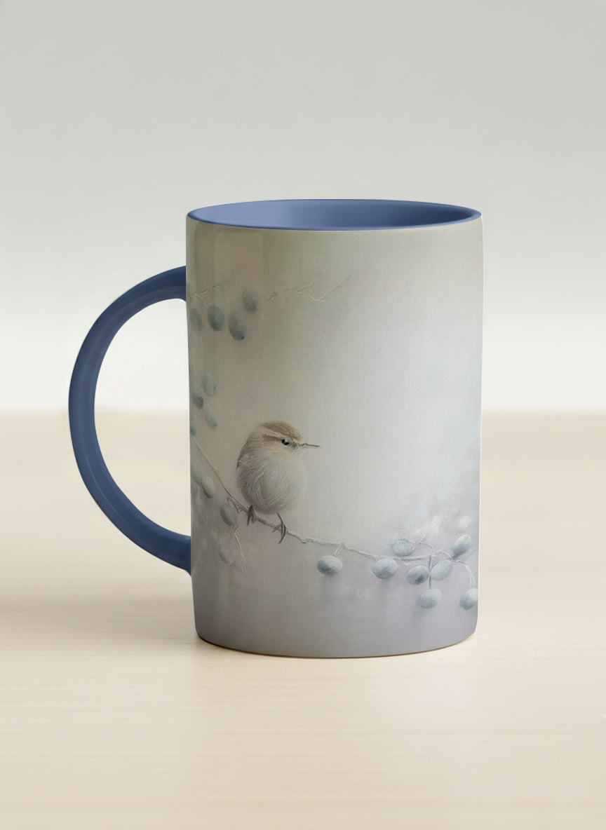 hero mug | A Quiet Moment left view mug,solitary bird perched in a soft misty landscape with delicate dot details, dusty blue interior and handle, by Karina Mosser - Gallery By Inhesion