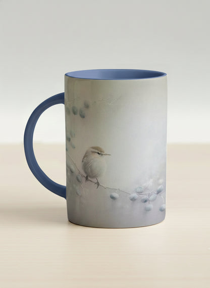 hero mug | A Quiet Moment left view mug,solitary bird perched in a soft misty landscape with delicate dot details, dusty blue interior and handle, by Karina Mosser - Gallery By Inhesion