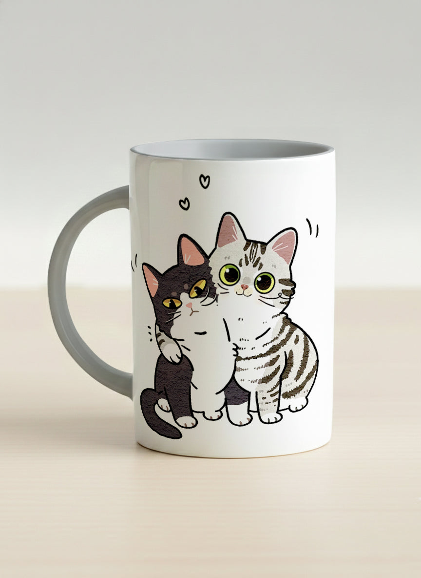 hero mug | Best Buddies left view mug small tuxedo cat leaning into a chubby tabby with tiny floating hearts, sage interior, by Hyun Jung Cho
