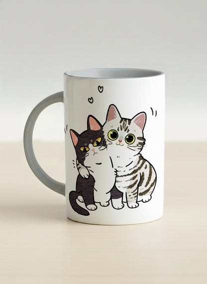 hero mug | Best Buddies left view mug small tuxedo cat leaning into a chubby tabby with tiny floating hearts, sage interior, by Hyun Jung Cho